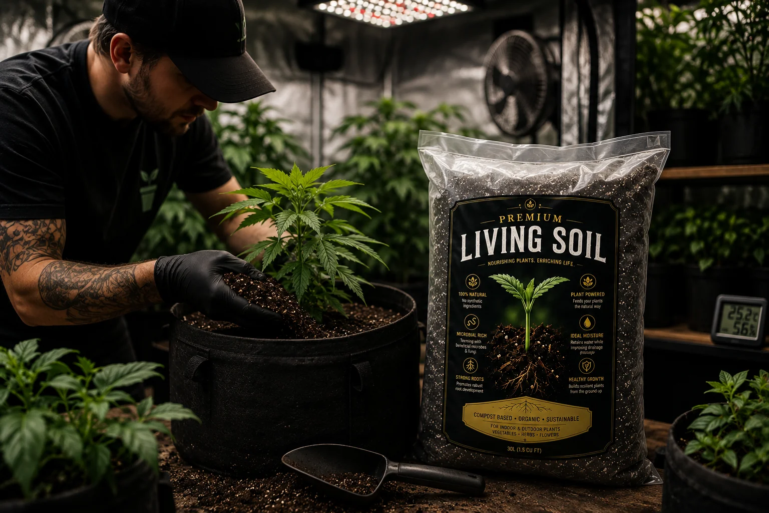 Close-up texture of premium dark living soil in natural lighting